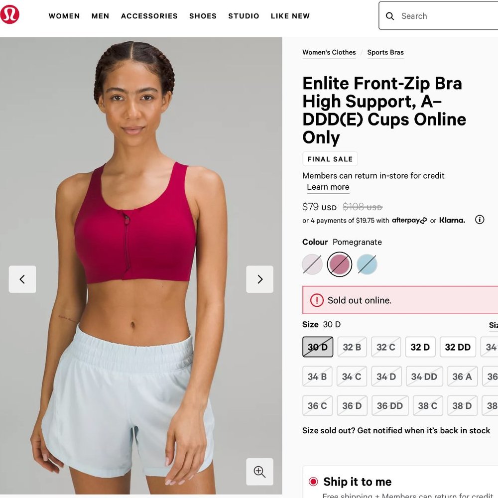 LAST CHANCE NWT Lululemon Enlite Front-Zip Bra High Support, 30D